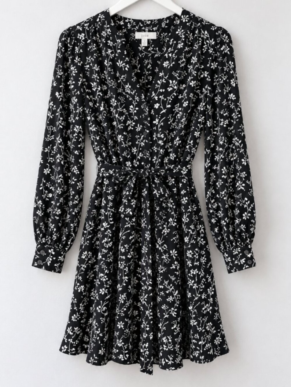 Joie Black White Floral Long Sleeve Tie-Waist Dress Size Small